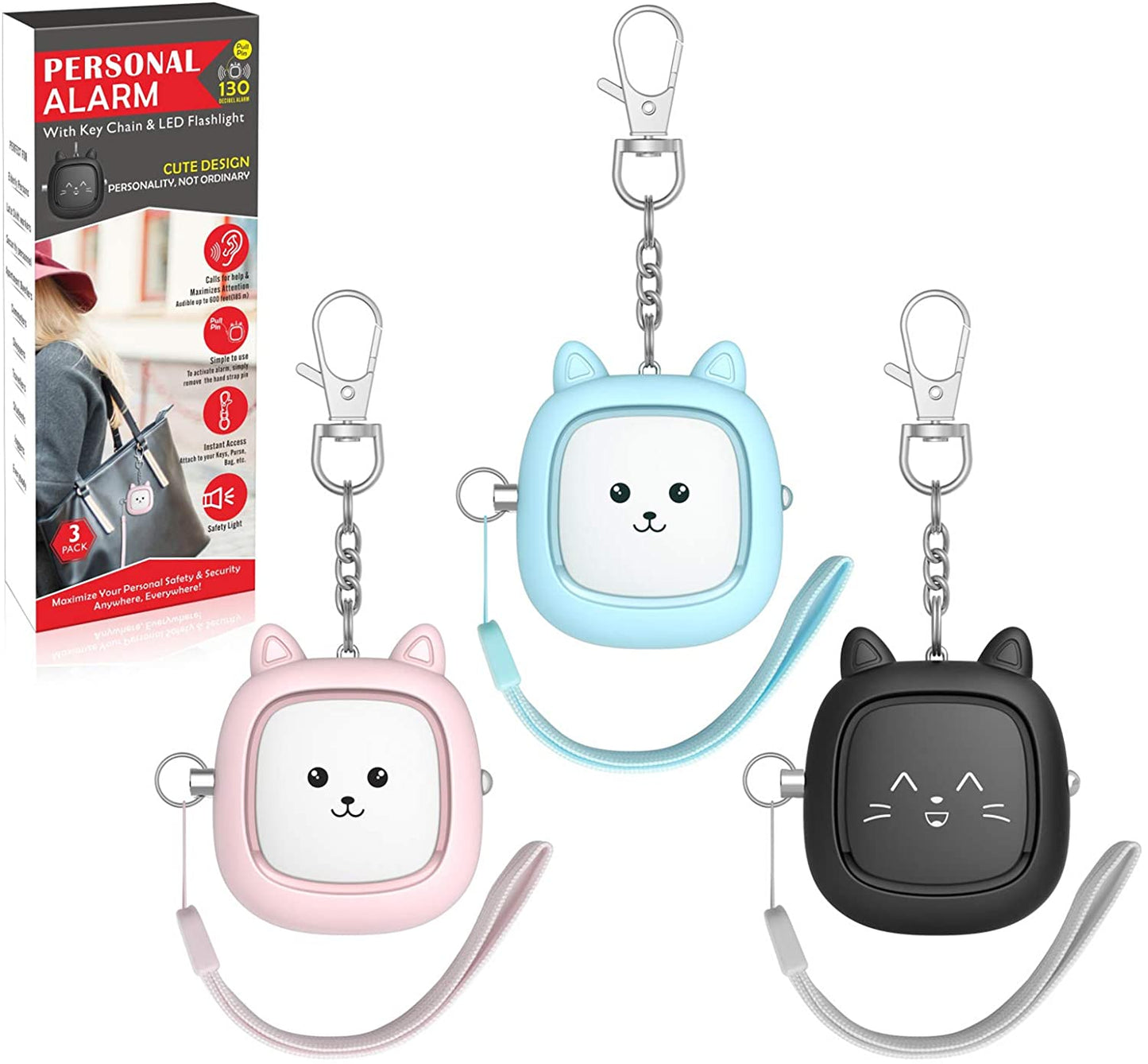 Personal Safety Alarm, 3 Pack Loud 130Db Siren Emergency Panic Alarm with LED Light, Easy Pull Pin Keychain Self-Defense Security Alarm for Women, Seniors, Kids